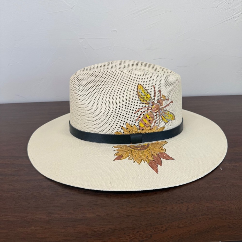 Hand Painted Queen Bee Sunflower Straw Fedora Sun Hat Cream Wide Brim Large